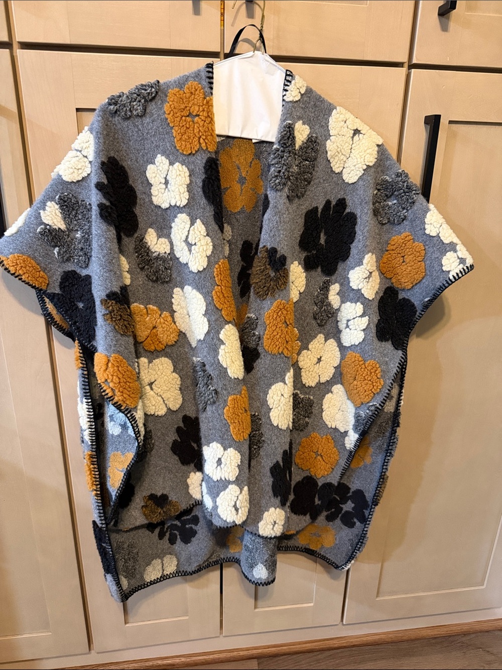Cato Floral Knit Poncho in Gray, Mustard & Cream